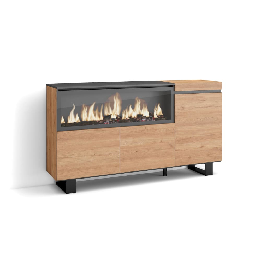 Buffet COZY effet chêne et noir 158 cm avec cheminée LED et 3 portes