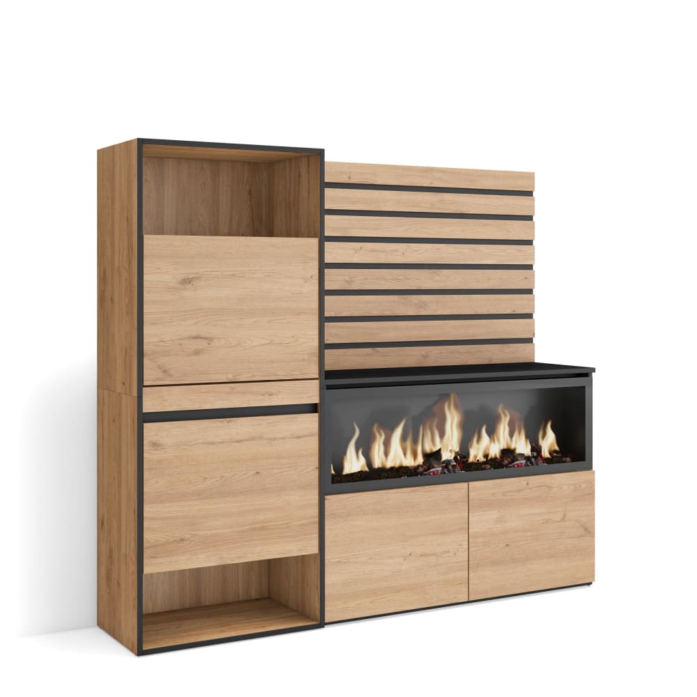 Buffet haut COZY effet chêne et noir 167 cm avec cheminée LED