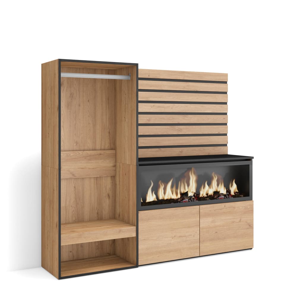 Buffet COZY effet chêne 167 cm avec cheminée LED et penderie