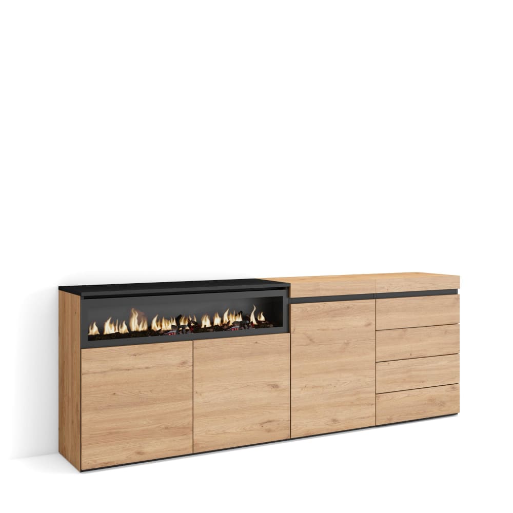 Grand buffet COZY effet chêne 207 cm avec foyer LED 3 portes et 4 tiroirs