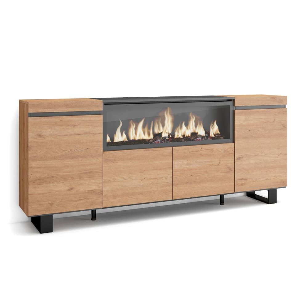 Buffet XXL COZY effet chêne 208 cm avec foyer LED et pieds