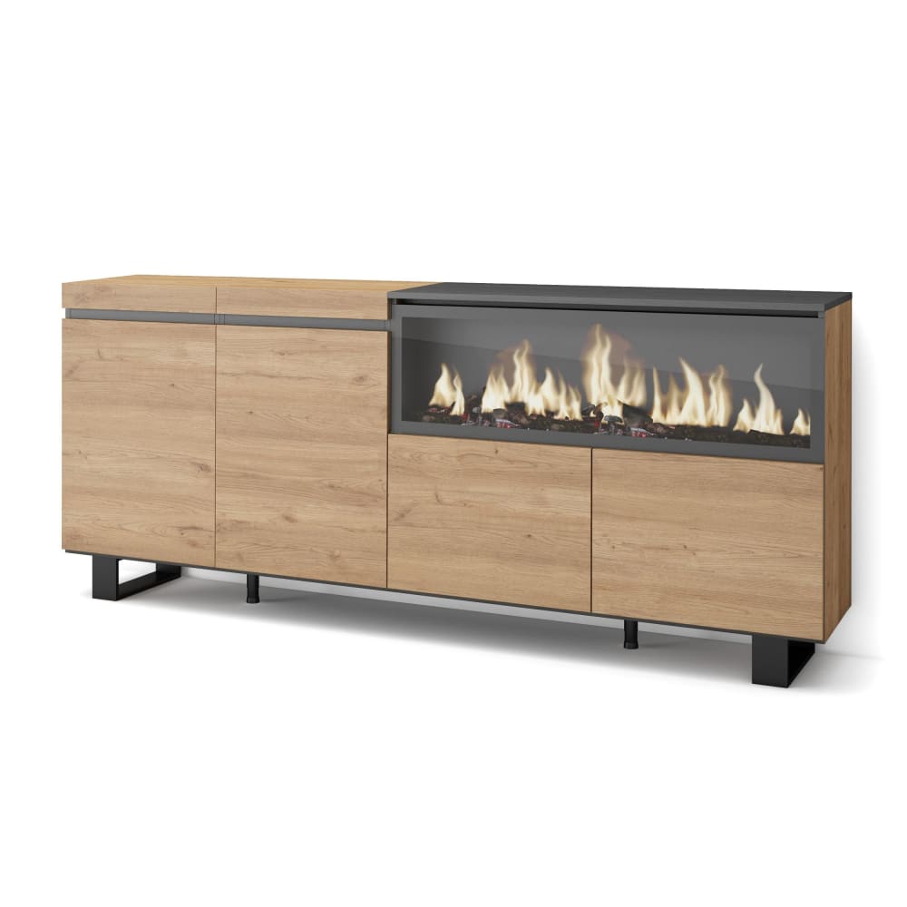 Buffet bahut COZY effet chêne 208 cm sur pieds métal avec foyer LED