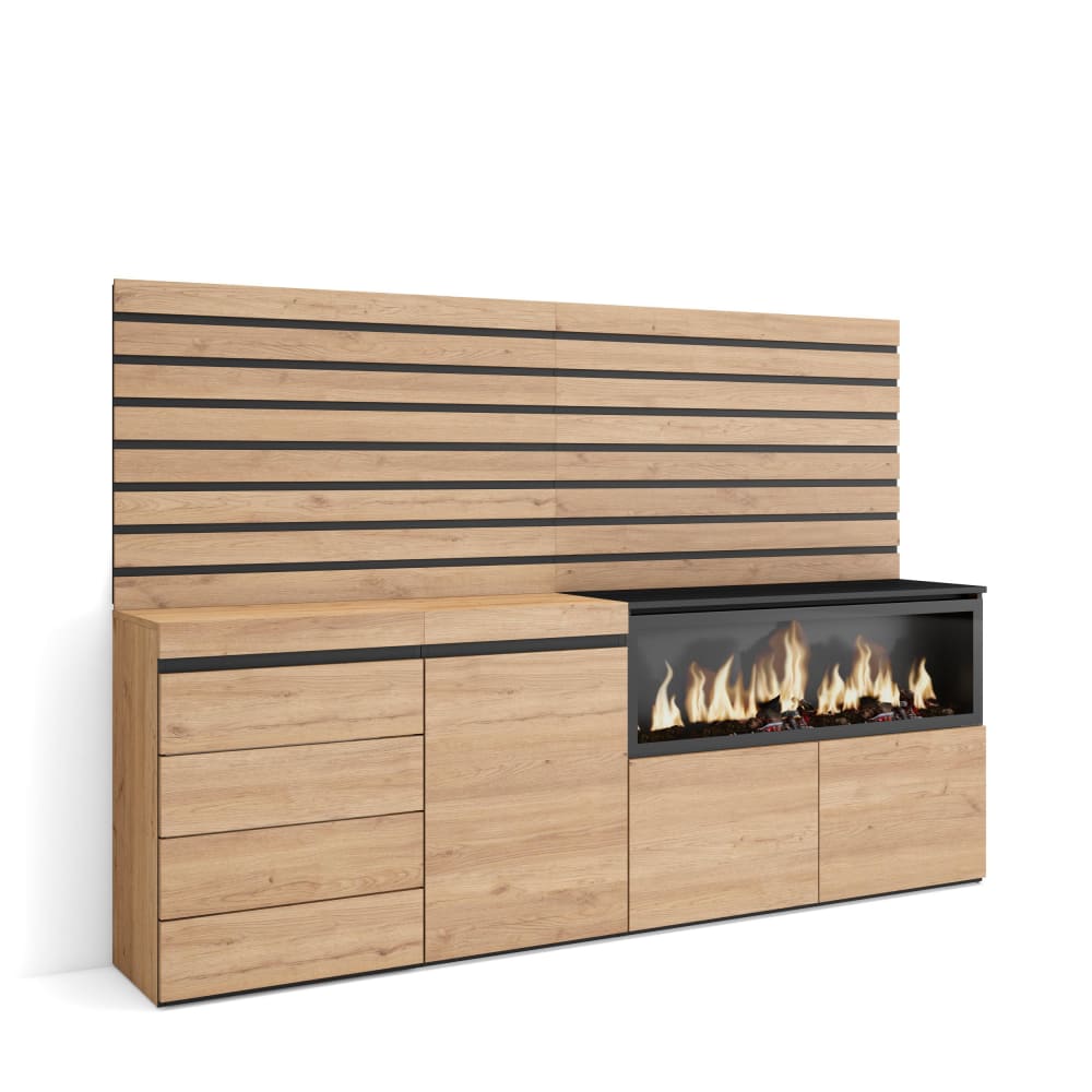 Buffet haut COZY effet chêne et noir 3 portes 4 tiroirs 214 cm