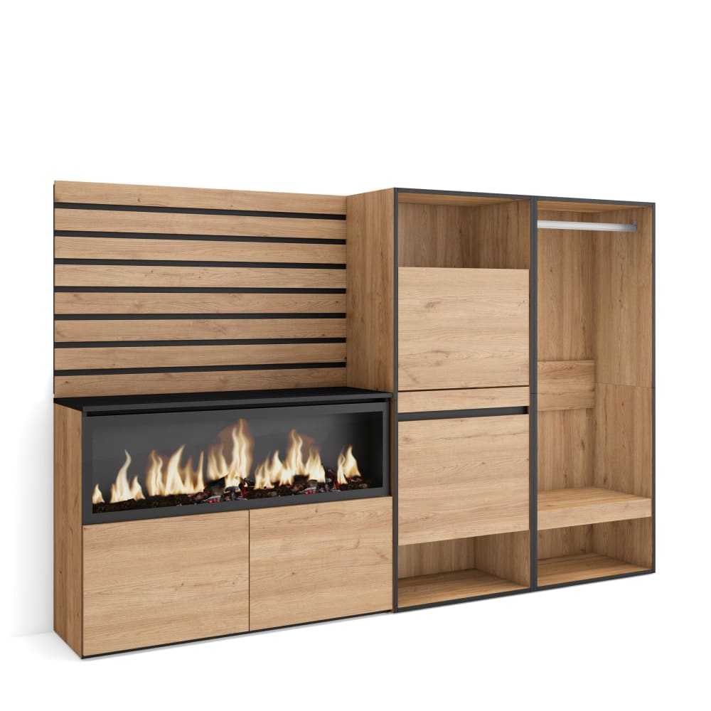 Buffet mural COZY effet chêne et noir 227 cm avec cheminée LED