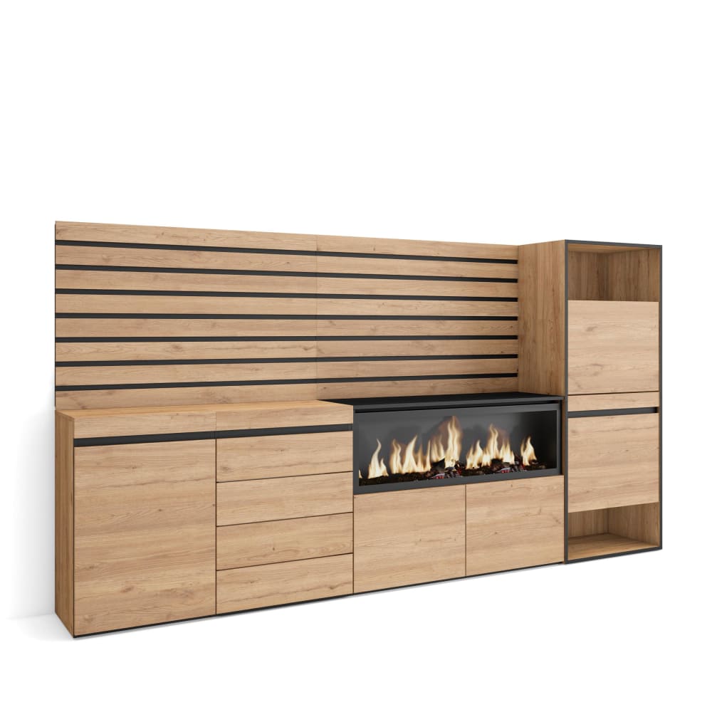 Grand buffet COZY effet chêne et noir 274 cm avec cheminée LED