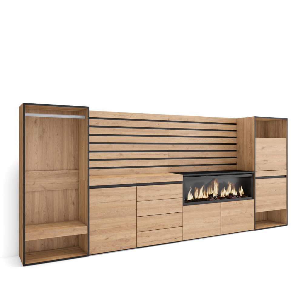 Grand buffet COZY effet chêne 334 cm avec cheminée effet feu XXL