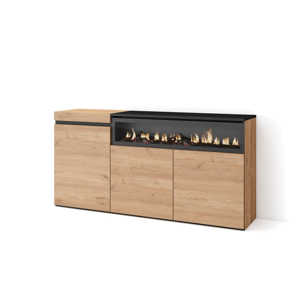 Buffet COZY effet chêne et noir avec cheminée LED 150 cm