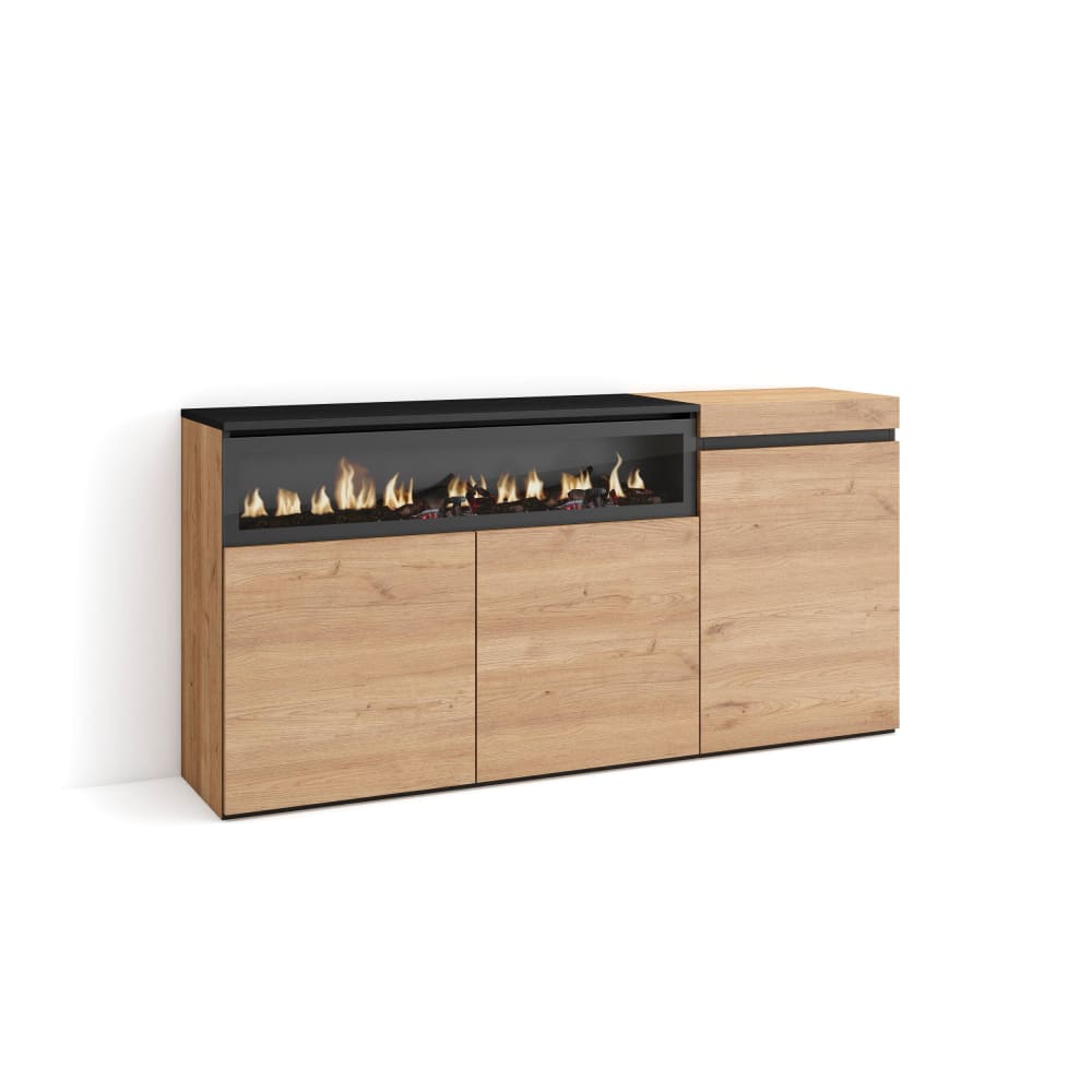 Buffet COZY effet chêne et noir 150 cm avec cheminée LED