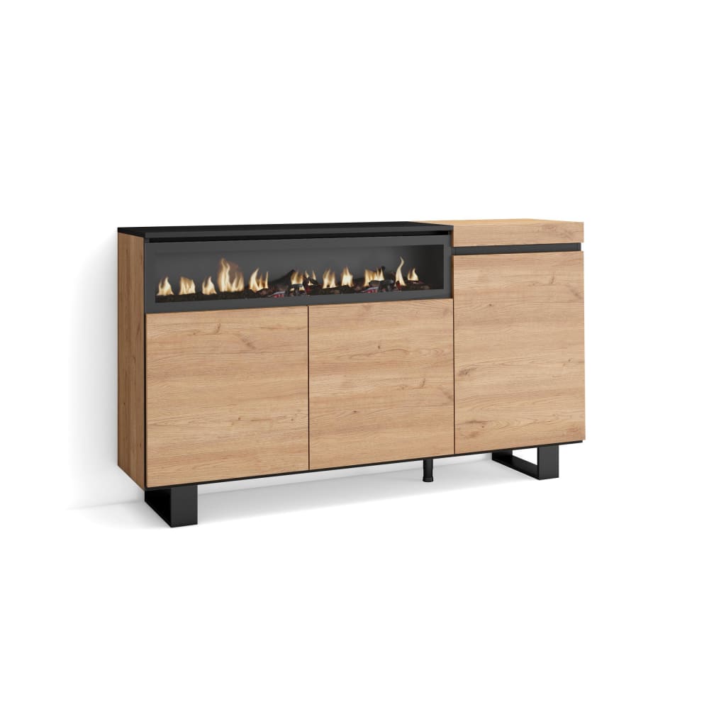 Buffet COZY chêne et noir 150 cm avec cheminée LED et pieds