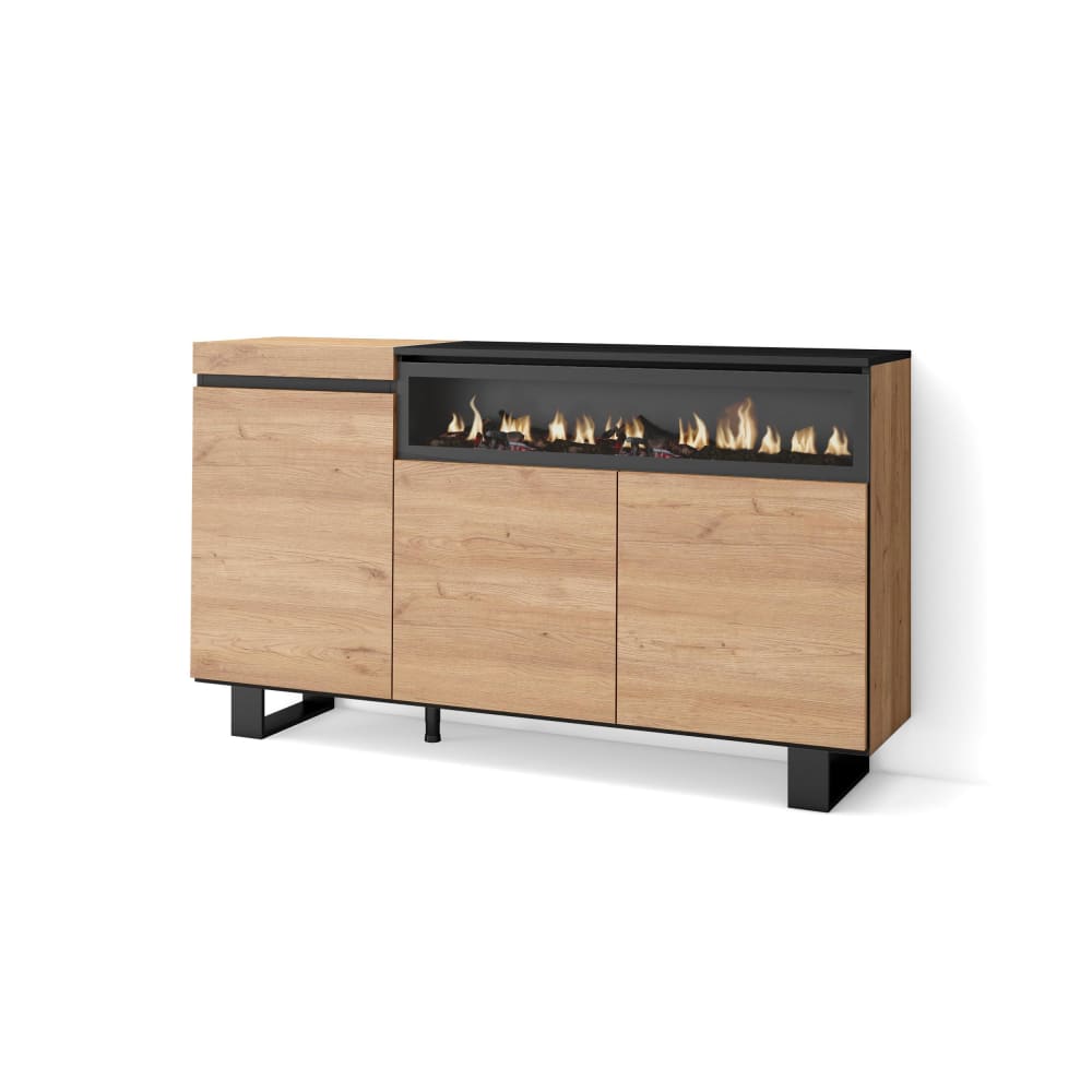 Petit buffet COZY effet chêne 150 cm avec foyer LED et pieds
