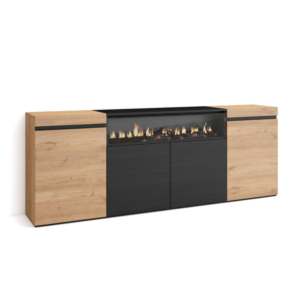 Buffet bahut COZY bicolore chêne et noir 200 cm avec cheminée LED