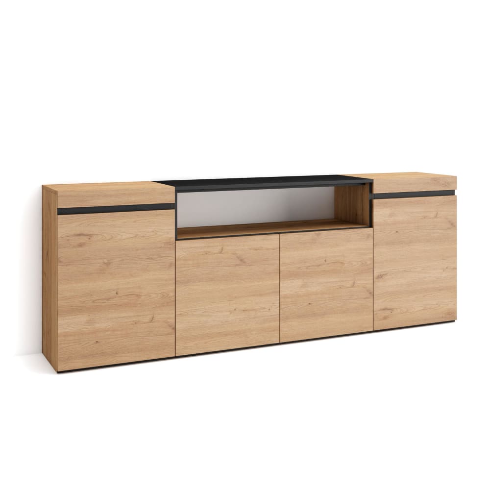 Grand buffet enfilade COZY effet chêne et noir 200 cm à 3 portes