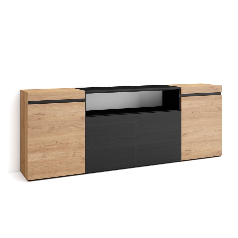 Buffet enfilade COZY chêne clair et noir 200 cm avec 3 portes