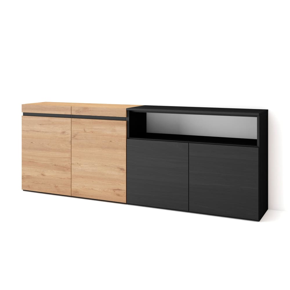 Buffet COZY effet chêne et noir 200 cm à trois portes
