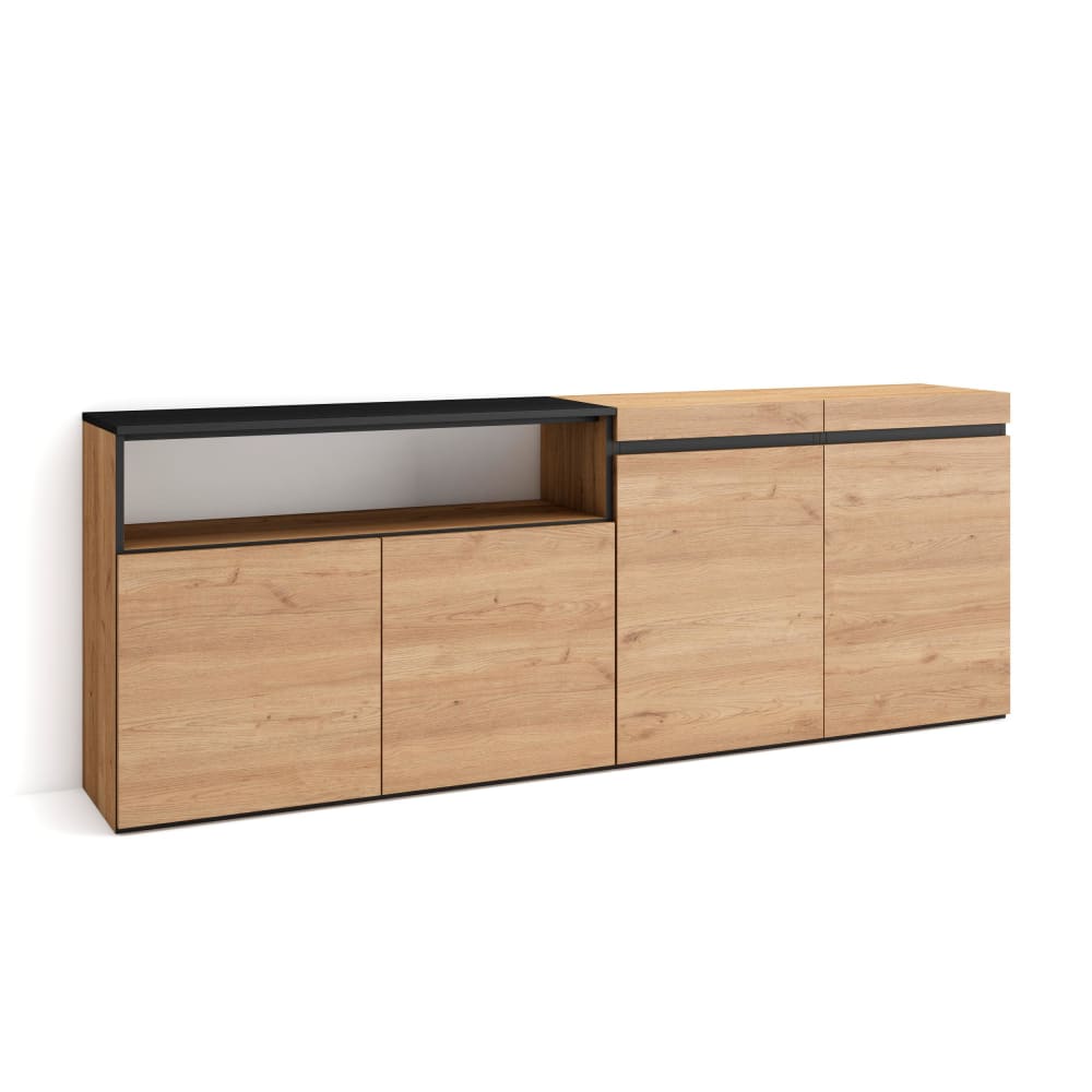 Buffet bahut COZY effet chêne et noir 200 cm avec 3 portes