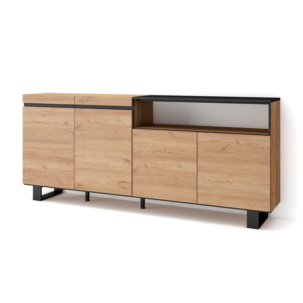 Grand buffet COZY effet chêne et noir sur pieds bois 200 cm