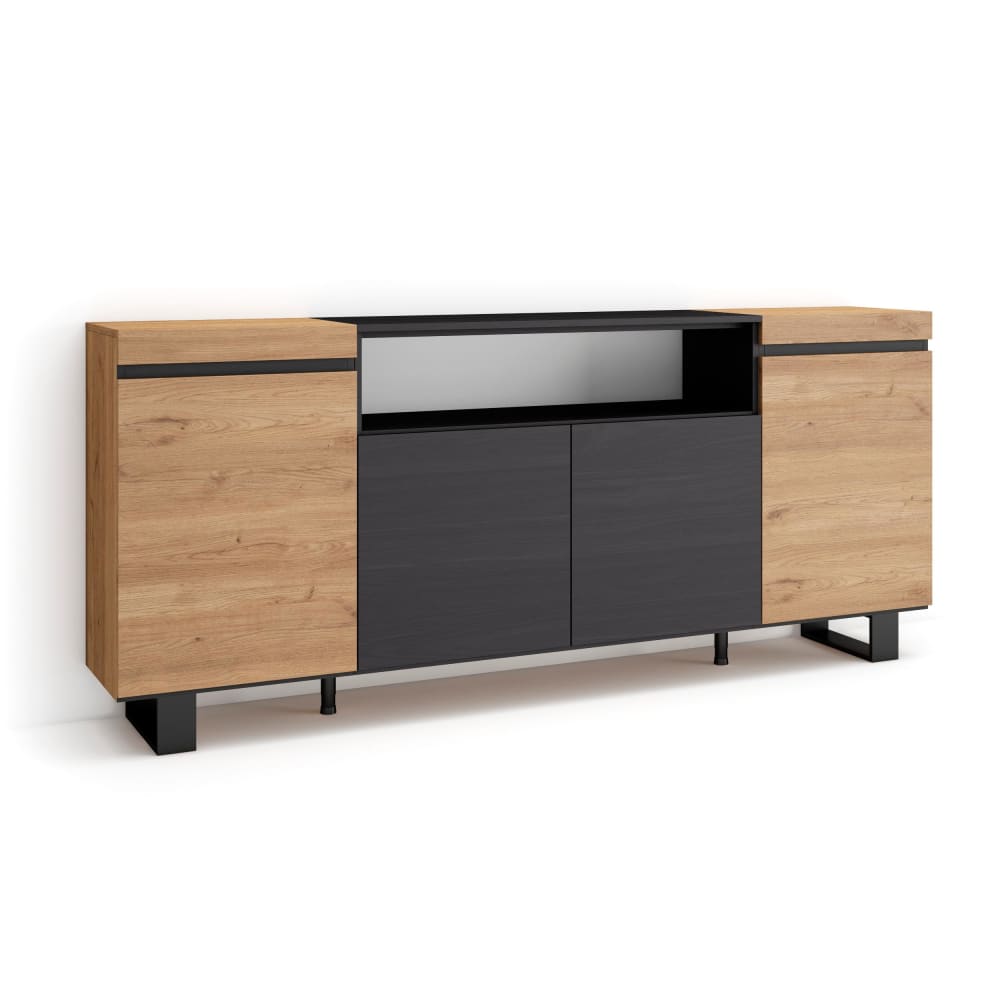 Grand buffet COZY effet chêne et noir 200 cm sur pieds industriels