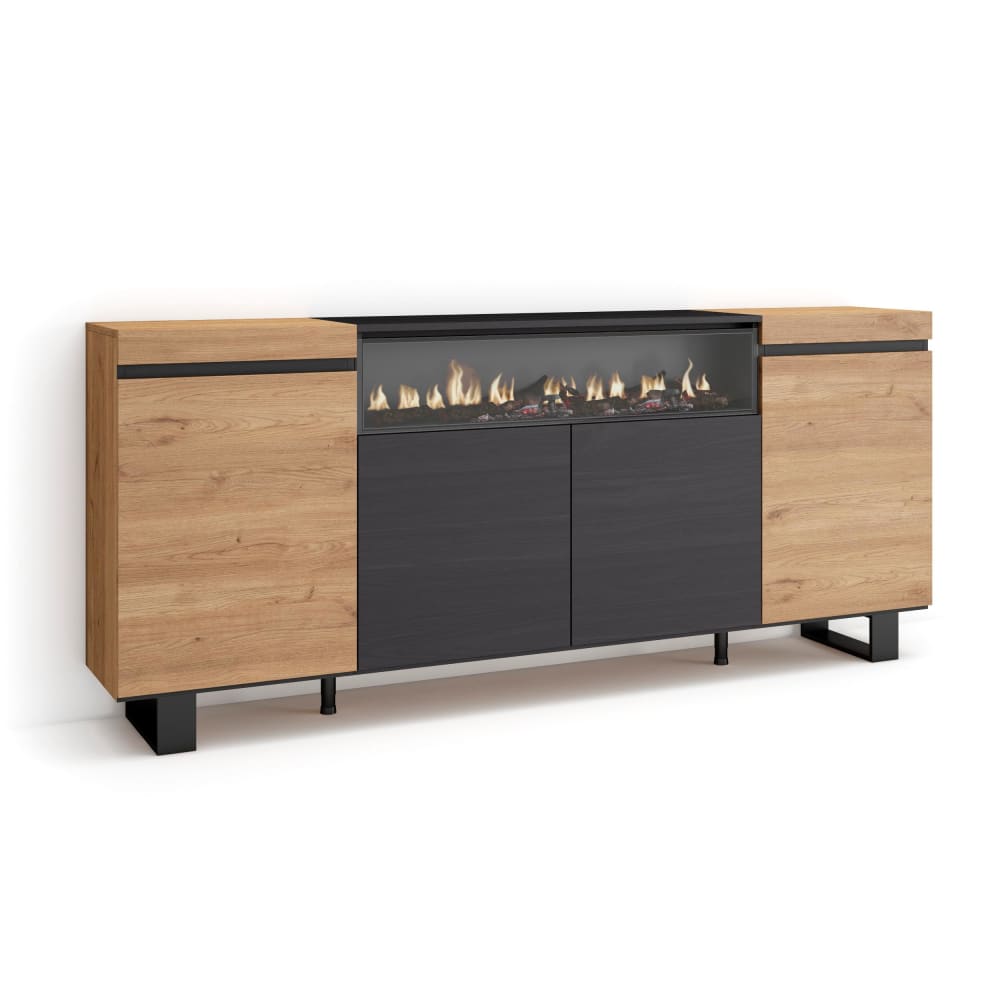 Buffet bahut COZY chêne et noir 200 cm avec cheminée LED et pieds