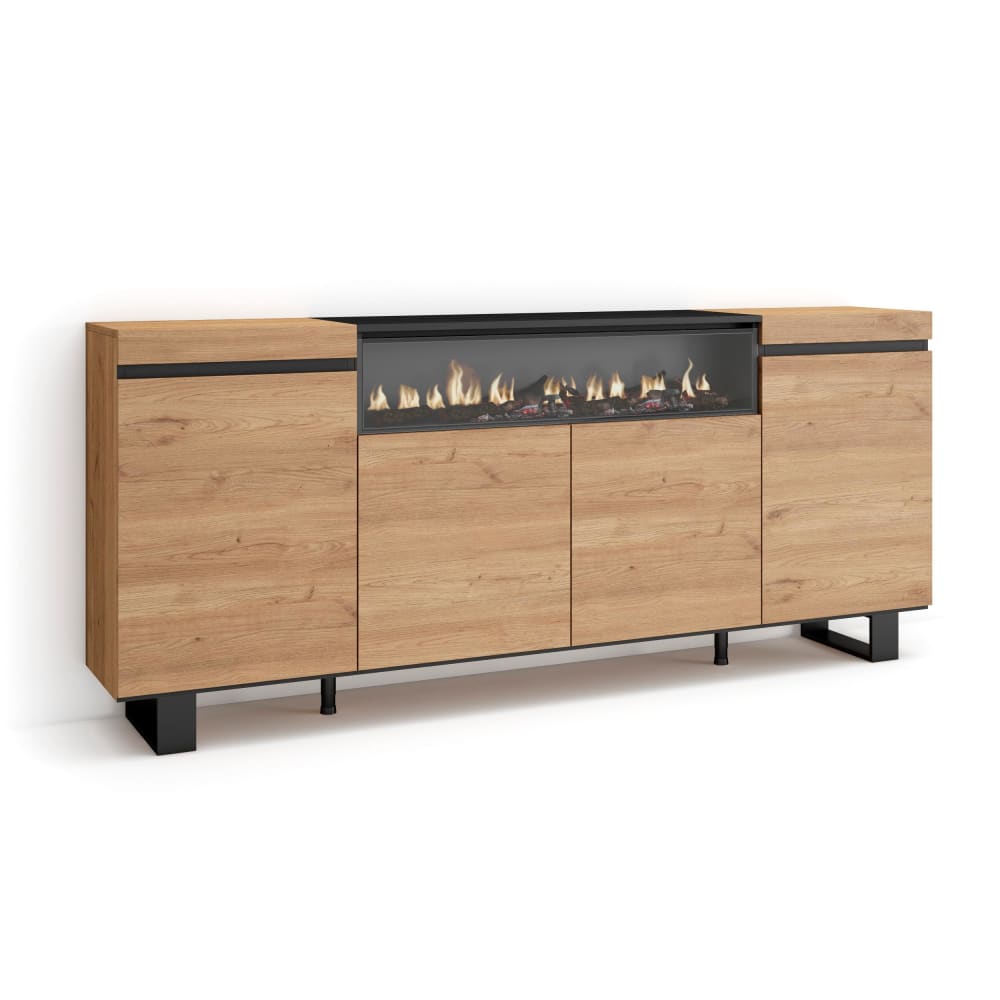 Buffet enfilade COZY chêne et noir 200 cm avec foyer LED et pieds