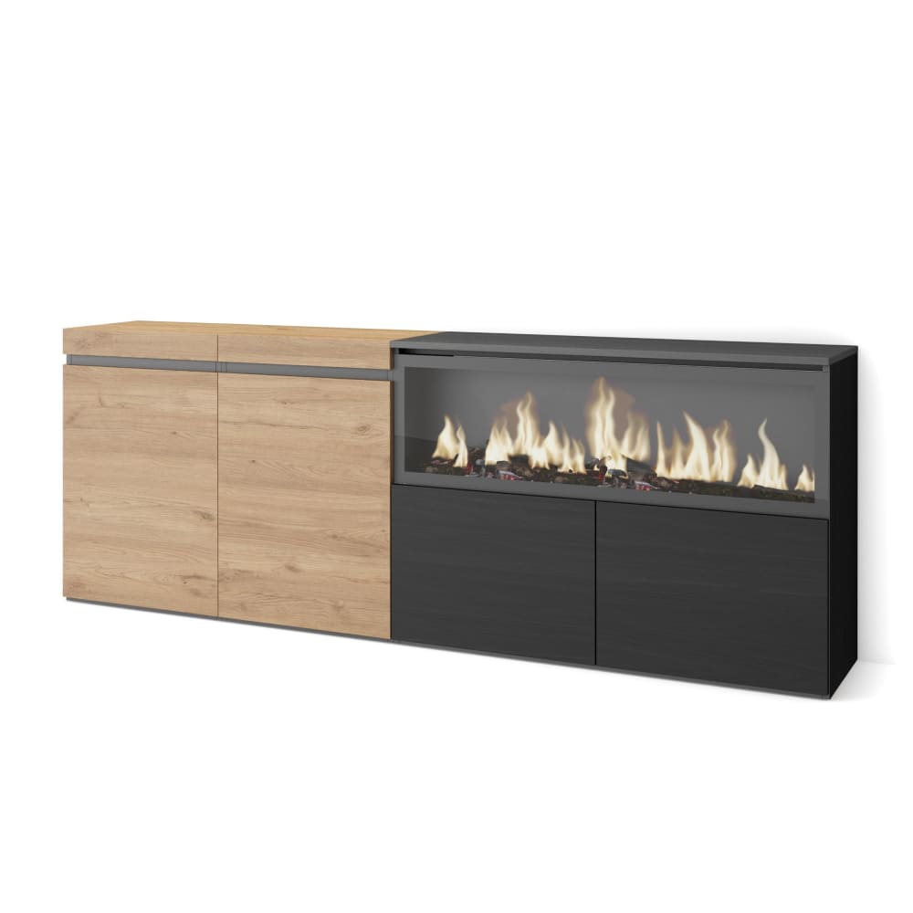 Buffet COZY effet chêne et noir 208 cm avec cheminée LED
