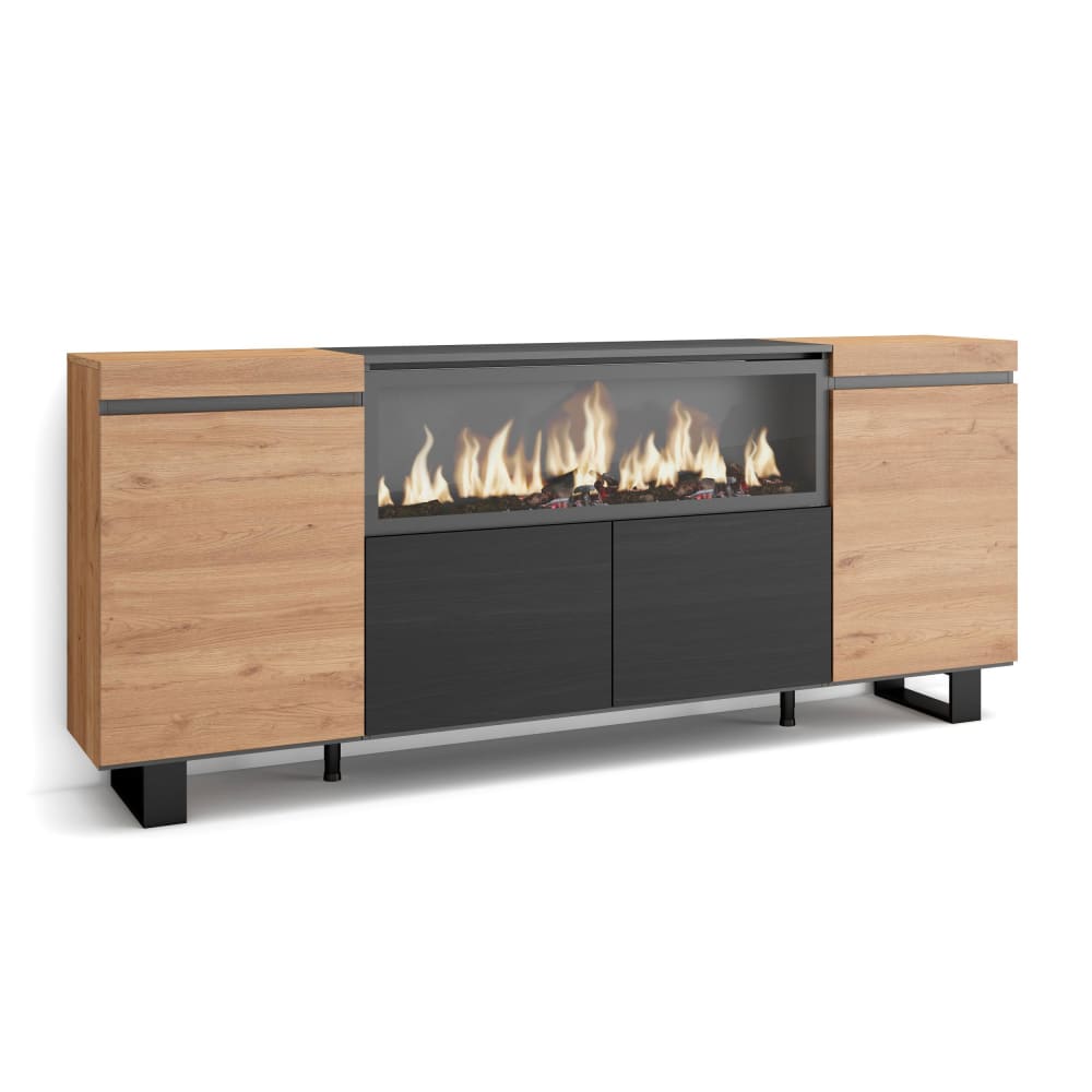 Buffet XXL COZY chêne et noir 208 cm avec foyer LED et pieds