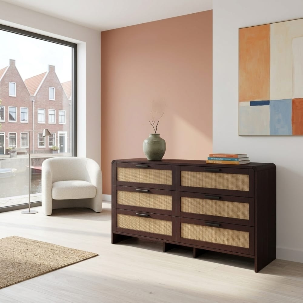 Détail du rotin tressé des tiroirs du buffet URBAN MEUBLE