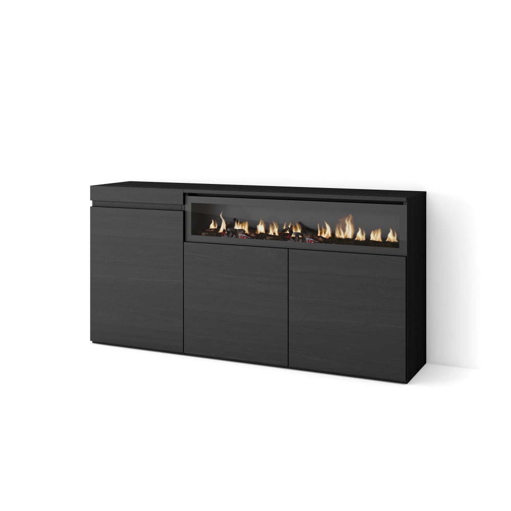 Buffet enfilade COZY noir 150 cm avec cheminée électrique et 3 portes