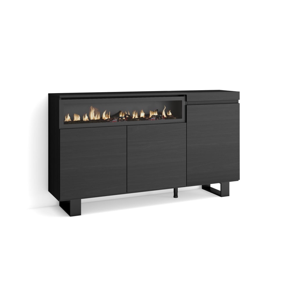 Buffet bahut COZY noir 150 cm avec cheminée LED et pieds industriels