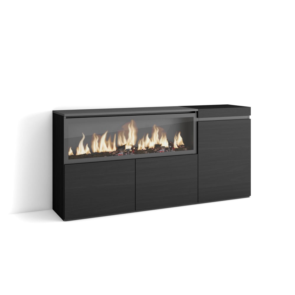 Buffet COZY noir avec cheminée effet feu XXL 158 cm