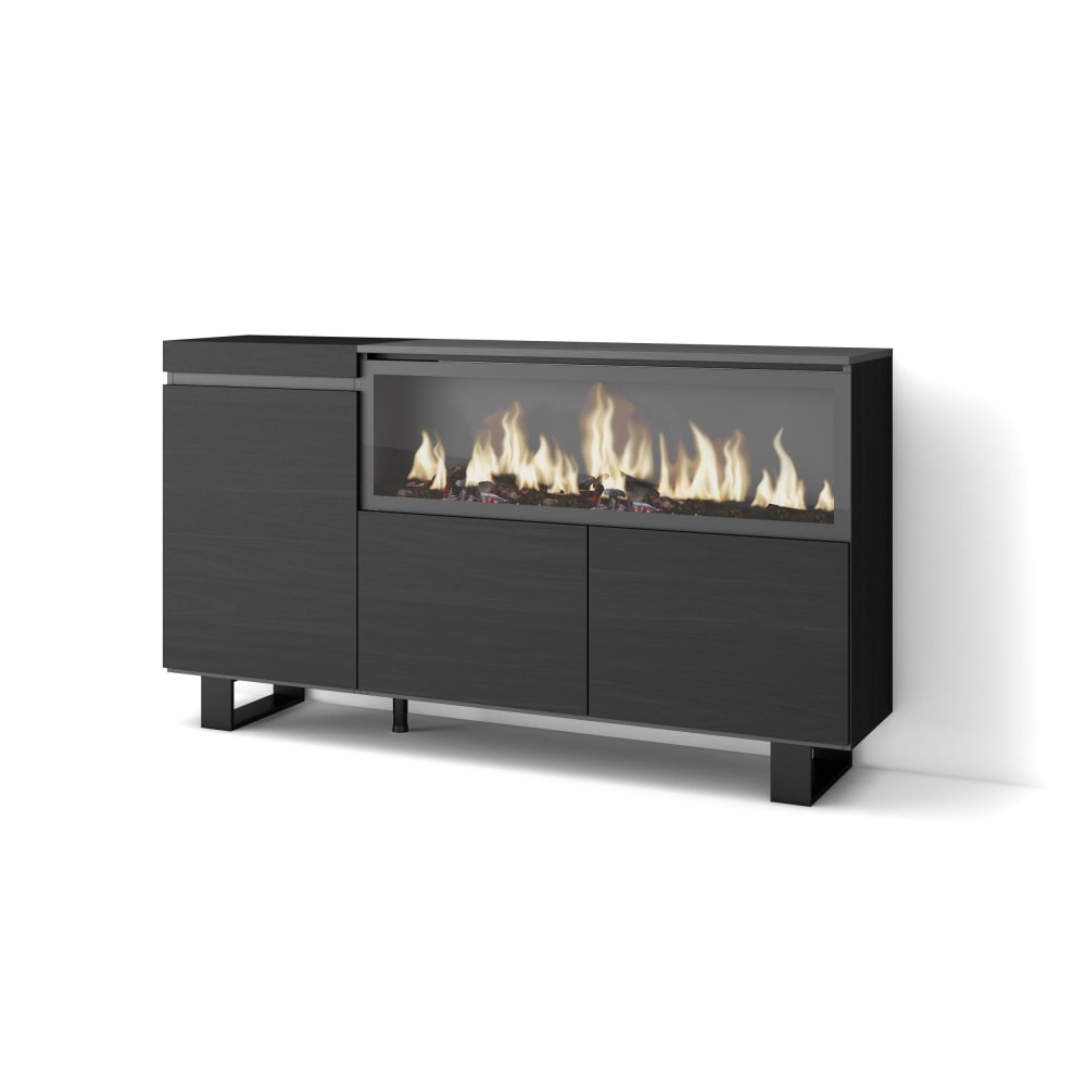 Buffet industriel COZY noir sur pieds bois avec cheminée XXL 158 cm