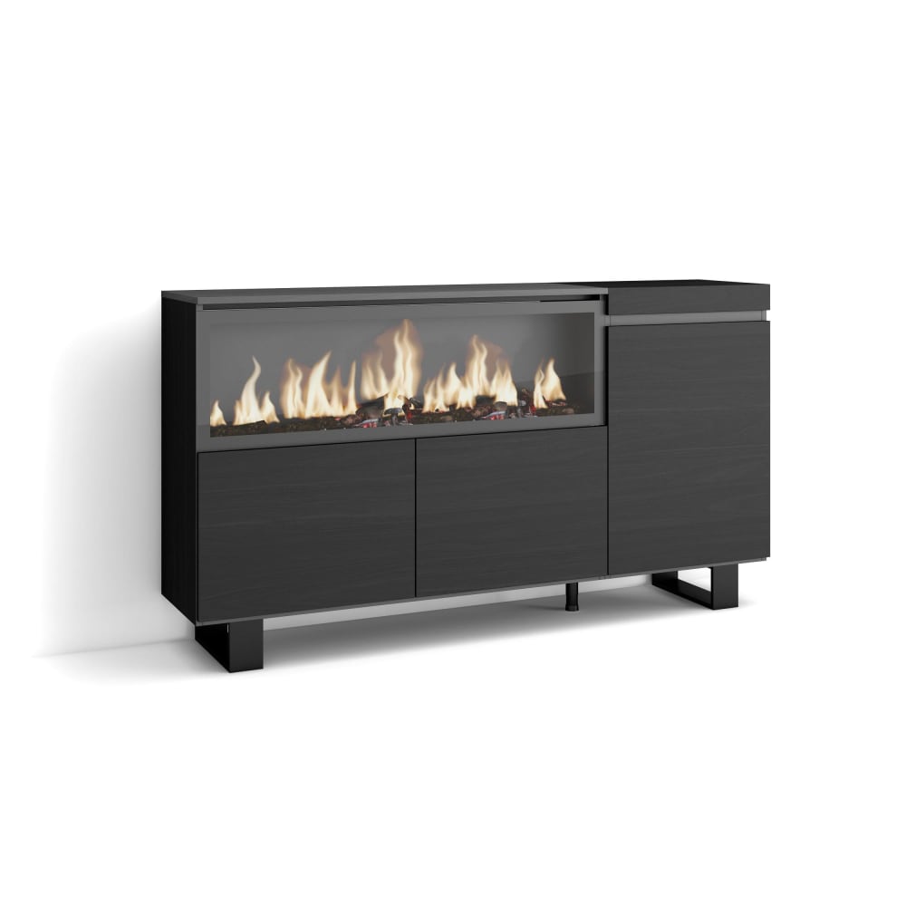 Buffet bahut COZY noir 158 cm avec foyer LED XXL et pieds