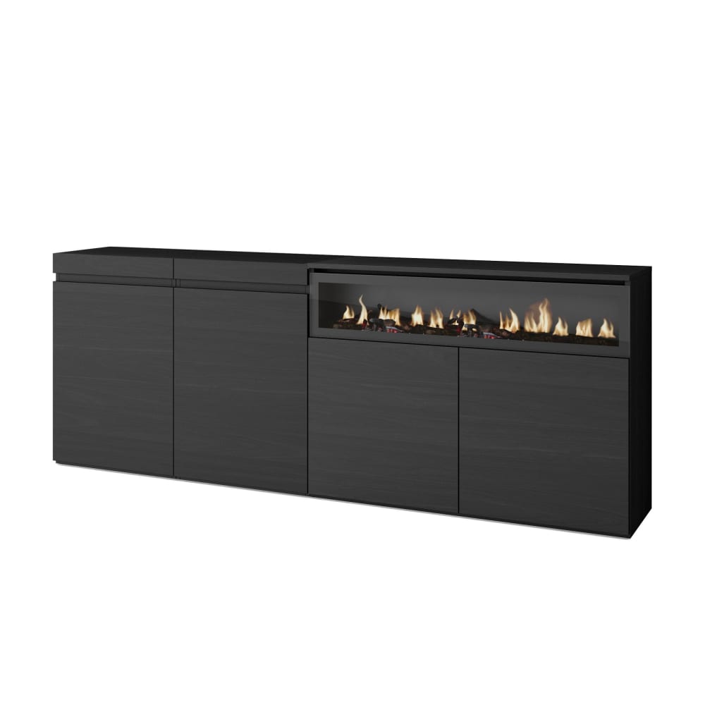 Buffet enfilade COZY noir 200 cm avec cheminée effet feu