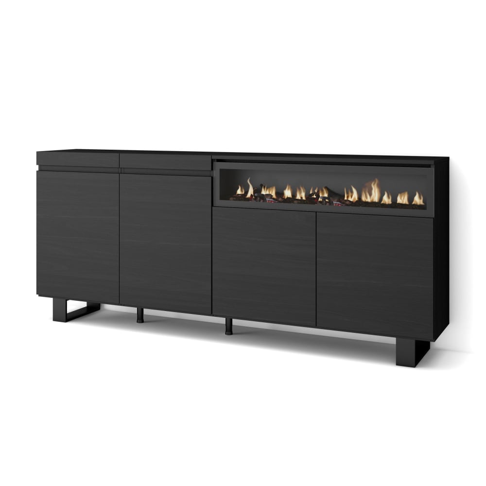 Grand buffet COZY noir 200 cm sur pieds métal avec cheminée LED