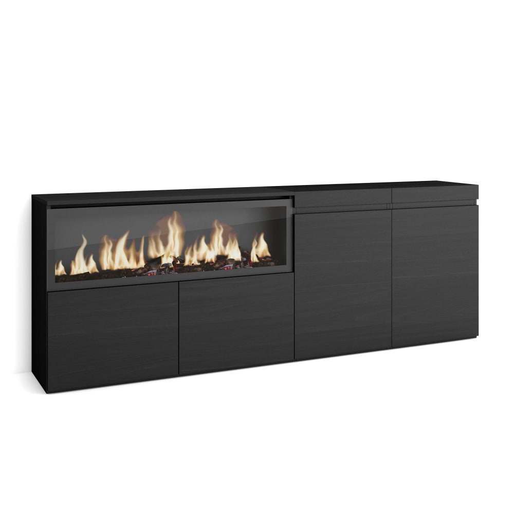 Buffet bahut COZY noir 208 cm avec cheminée effet feu XXL