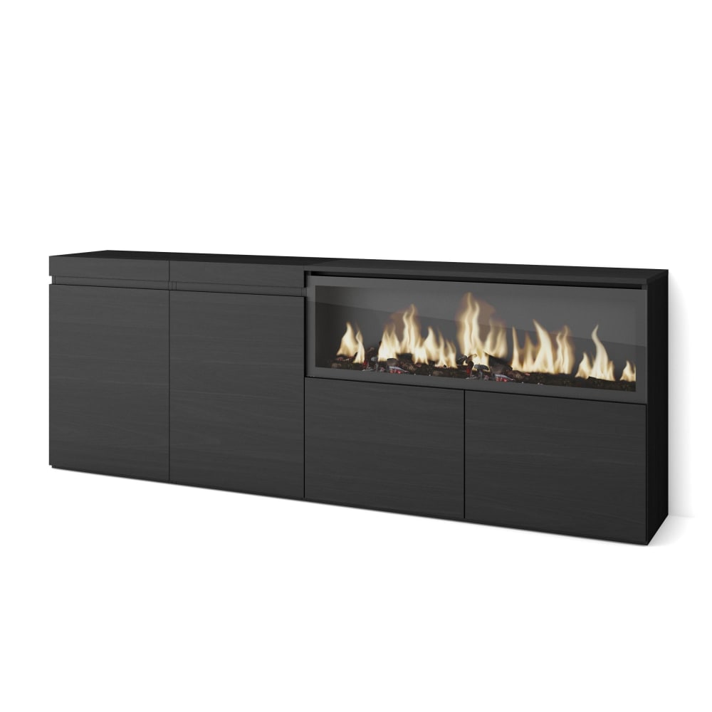 Buffet COZY noir 208 cm avec cheminée électrique LED