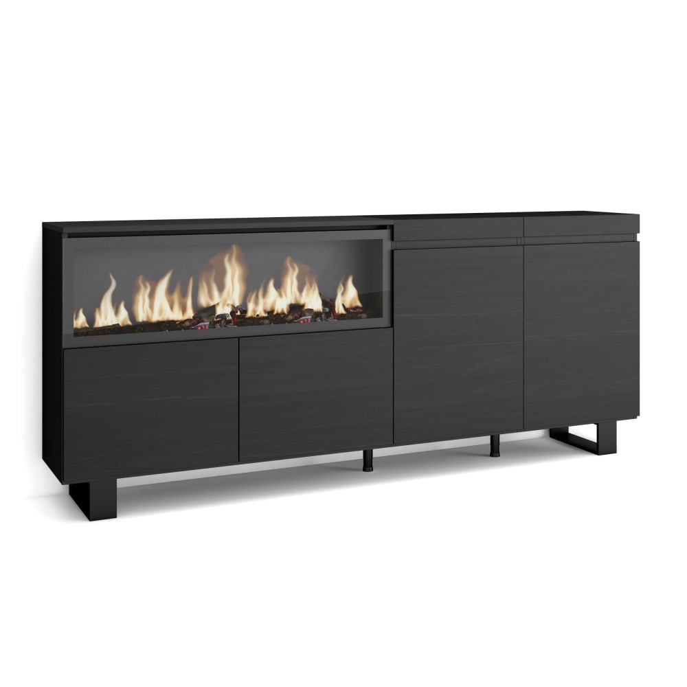 Buffet enfilade COZY noir 208 cm sur pieds métal avec cheminée LED