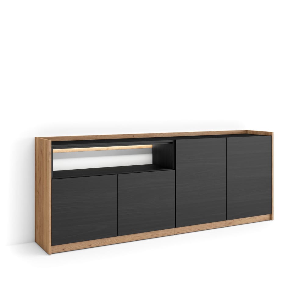 Buffet enfilade SOKKEL noir et chêne 207 cm avec LED et 3 portes