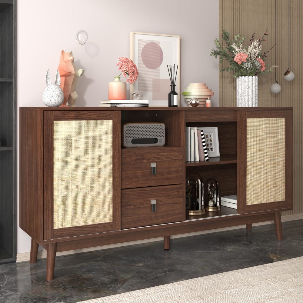 Détail des portes coulissantes en rotin du buffet URBAN MEUBLE