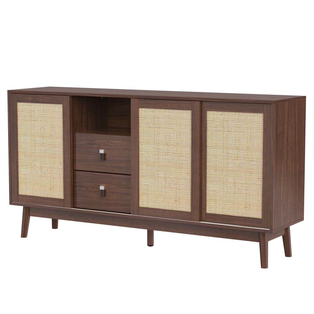 Buffet URBAN MEUBLE effet noyer 155 cm avec 3 portes coulissantes en rotin