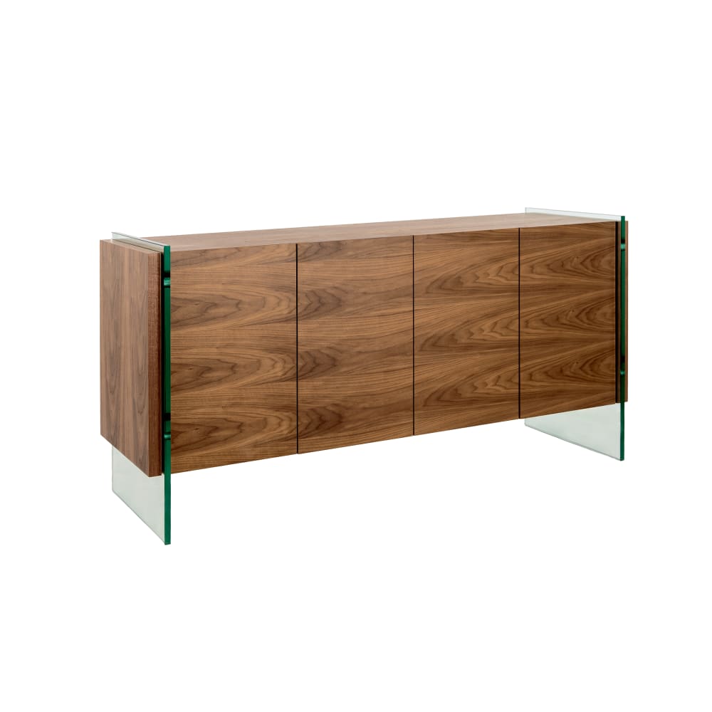 Buffet enfilade ANGEL CERDA en placage noyer avec pieds en verre trempé 170 cm
