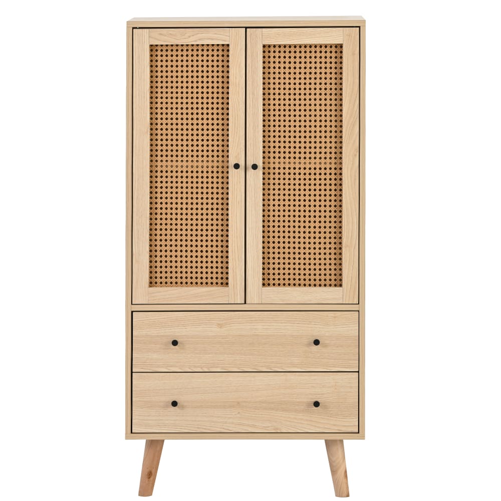 Buffet URBAN MEUBLE 2 portes en rotin tressé et 2 tiroirs effet chêne vu de face