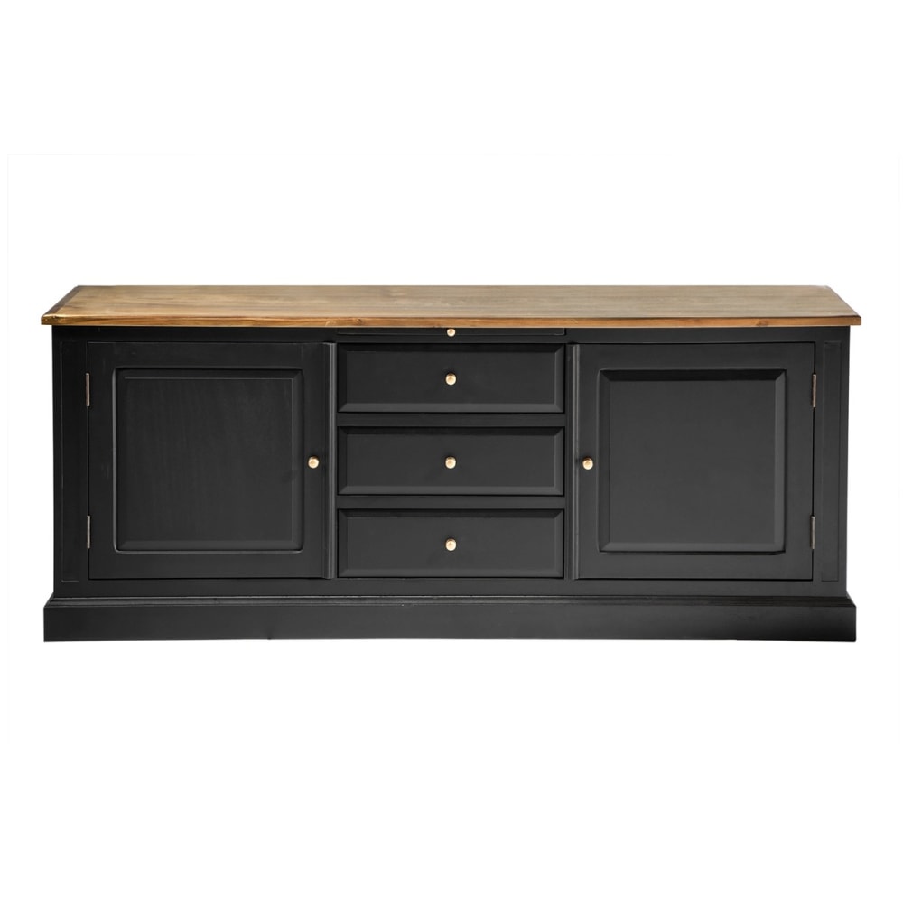 Grand buffet FONTAINEBLEAU 196 cm en acacia massif noir et plateau naturel