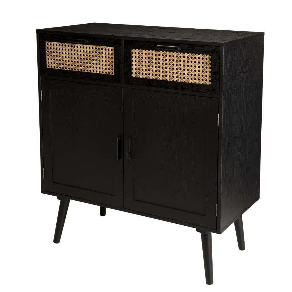 Buffet EMILIO noir en cannage de rotin 75 cm avec 2 portes et 2 tiroirs