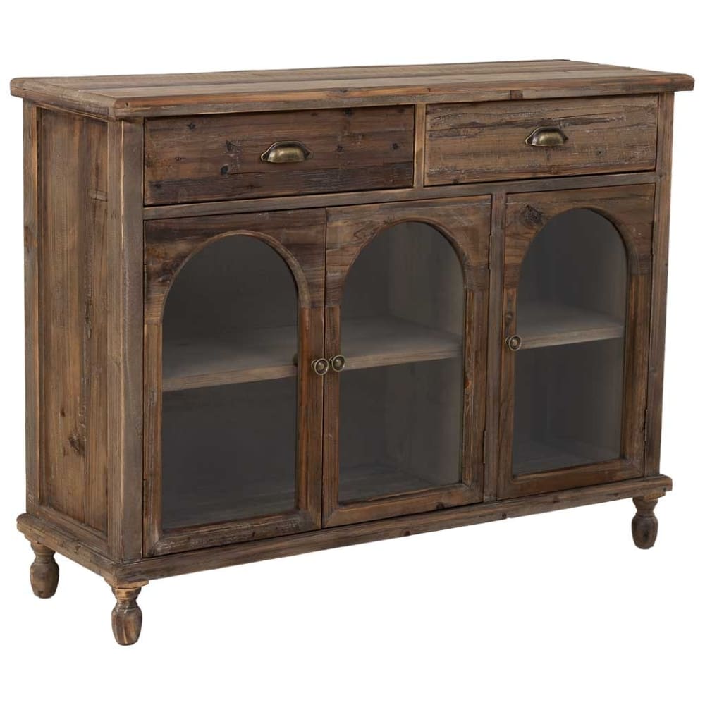 Buffet vitrine rustique MINERVA bois brun 120 cm avec 3 portes vitrées et 2 tiroirs