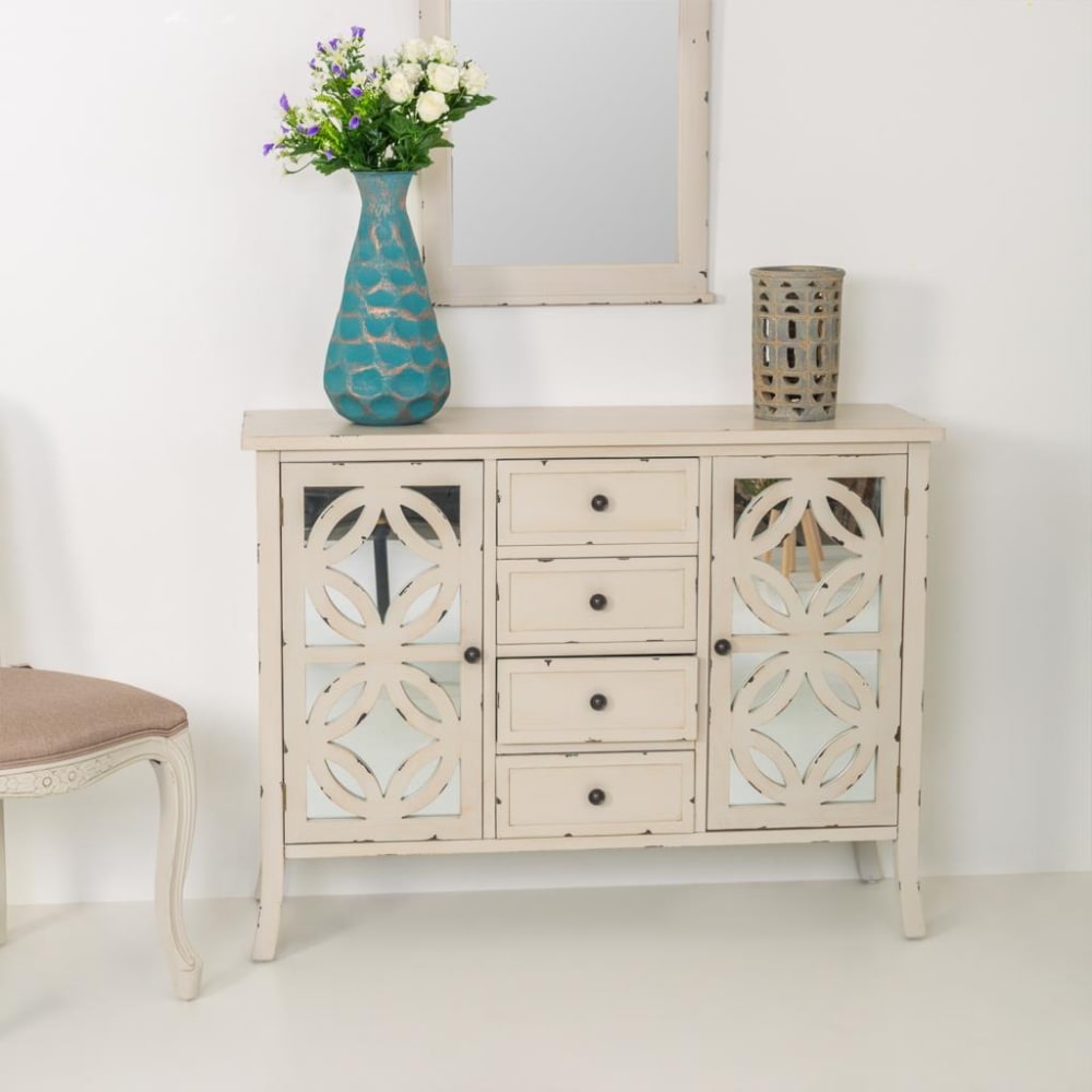 Détail des portes à panneaux miroir du buffet WANDERLUST DECO