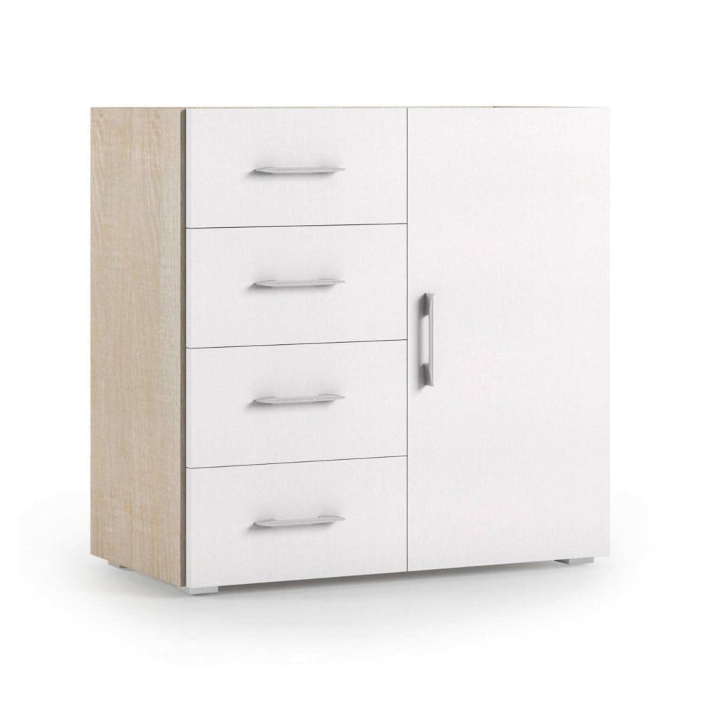 Petit buffet ARACNIDA blanc et chêne 90 cm avec 4 tiroirs