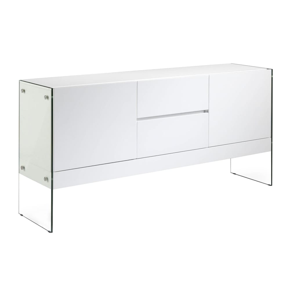 Buffet bahut ANGEL CERDA blanc laqué à pieds en verre trempé 180 cm