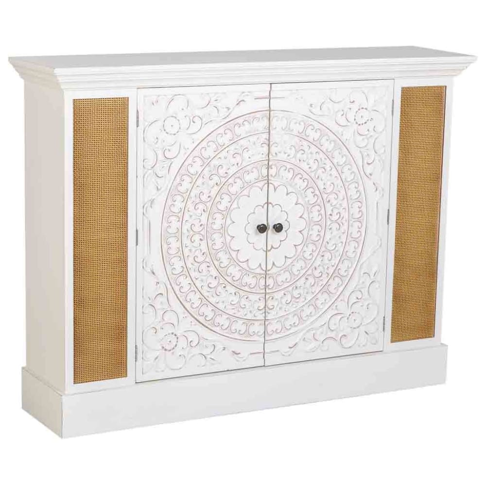 Buffet bohème MEKONG blanc vieilli 130 cm à portes sculptées