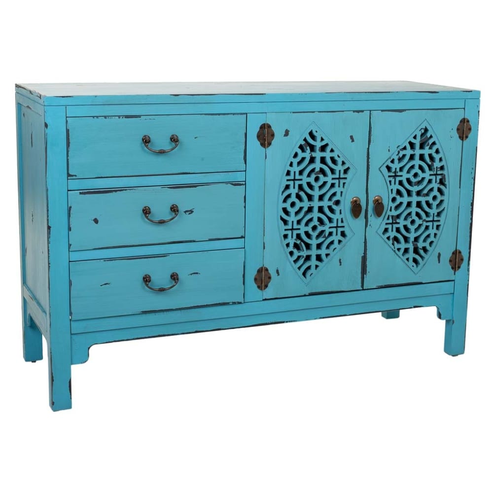 Buffet MAKALU en bois bleu vieilli 2 portes 3 tiroirs 106 cm