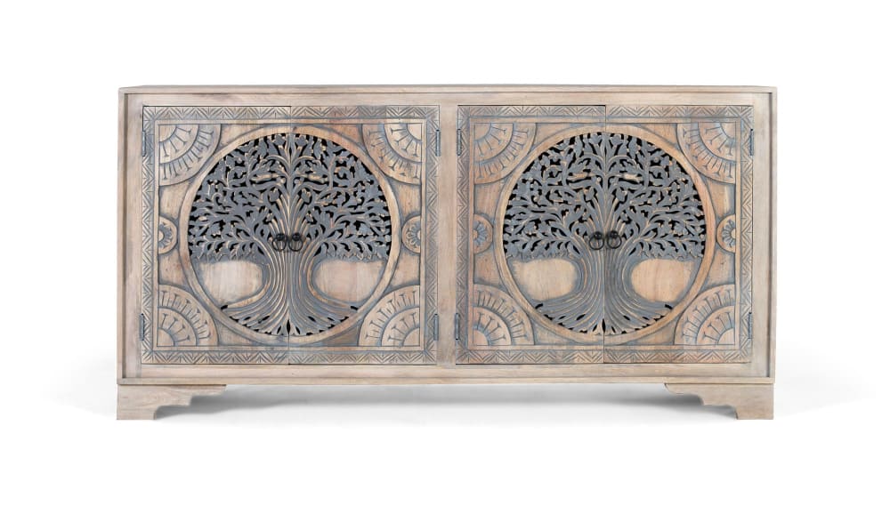 Buffet bahut GINER Y COLOMER en manguier 180 cm avec quatre portes sculptées main